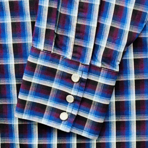 Wrangler Western Pearl Snap Plaid Shirt Size M Long Sleeve Blue Cotton Cowboy - Picture 6 of 10